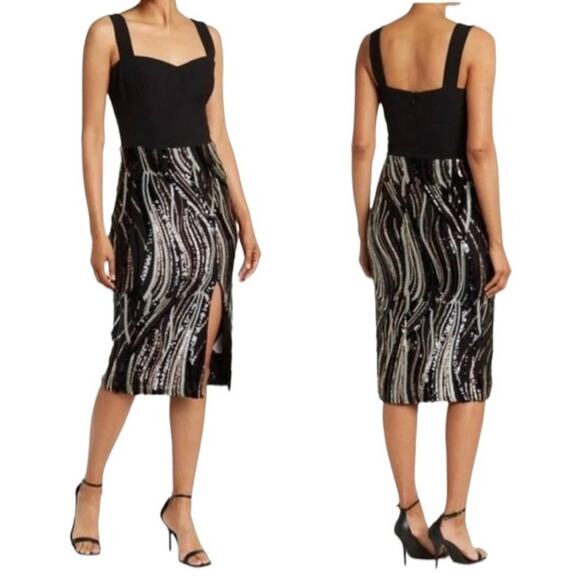 NWT DRESS THE POPULATION DRESS GOLD IVORY MULTI COLOR SEQUIN BLACK MESH MALISE - Picture 1 of 14